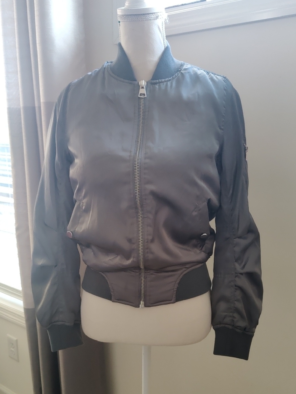 Women's Grey Bomber Jacket Classic Zip Up Front Y2K Cottagecore Trendy Pockets